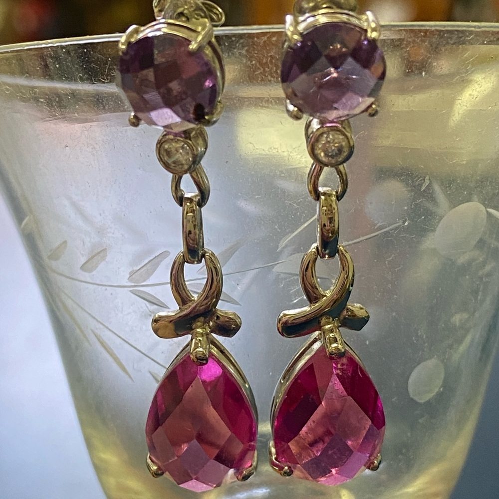 Sterling 925 Silver Pink & Purple Cubic Zirconia
 1 1/2”Earrings Like New!